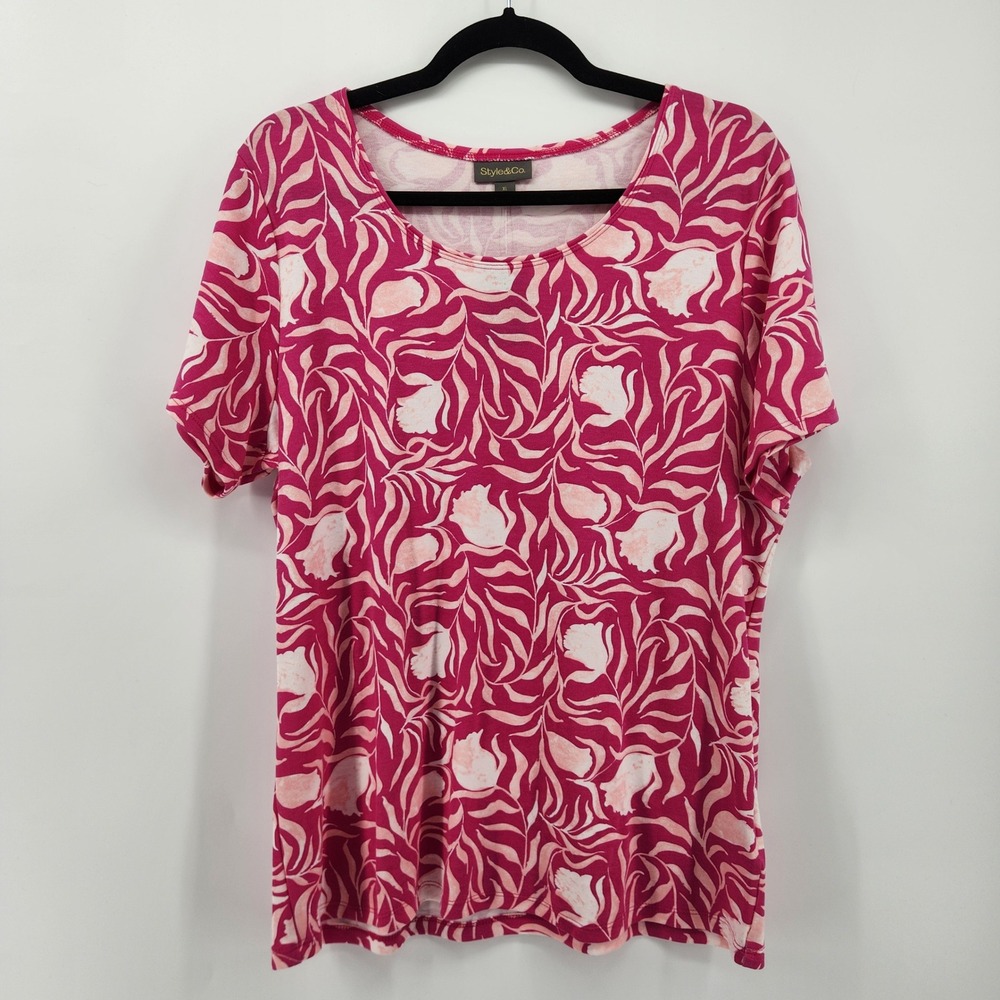 Style & Co. Womens XL Tunic Top Floral Print Short Sleeve Pink Casual New